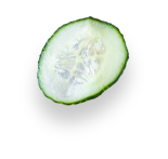 A thin slice of cucumber with a green outer edge and a translucent center, showing the seeds. The slice is isolated on a white background. GREENHOUSE Goodness A thin slice of cucumber with a green outer edge and a translucent center, showing the seeds. The slice is isolated on a white background. GREENHOUSE Goodness