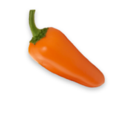 An orange chili pepper with a smooth, glossy surface and a short green stem on a black background. GREENHOUSE Goodness An orange chili pepper with a smooth, glossy surface and a short green stem on a black background. GREENHOUSE Goodness