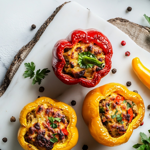 Three stuffed bell peppers on a white marble slab. Two are yellow, one is red. They are filled with a baked stuffing and garnished with parsley. Black and red peppercorns are scattered around, with a sprig of parsley nearby. GREENHOUSE Goodness Three stuffed bell peppers on a white marble slab. Two are yellow, one is red. They are filled with a baked stuffing and garnished with parsley. Black and red peppercorns are scattered around, with a sprig of parsley nearby. GREENHOUSE Goodness