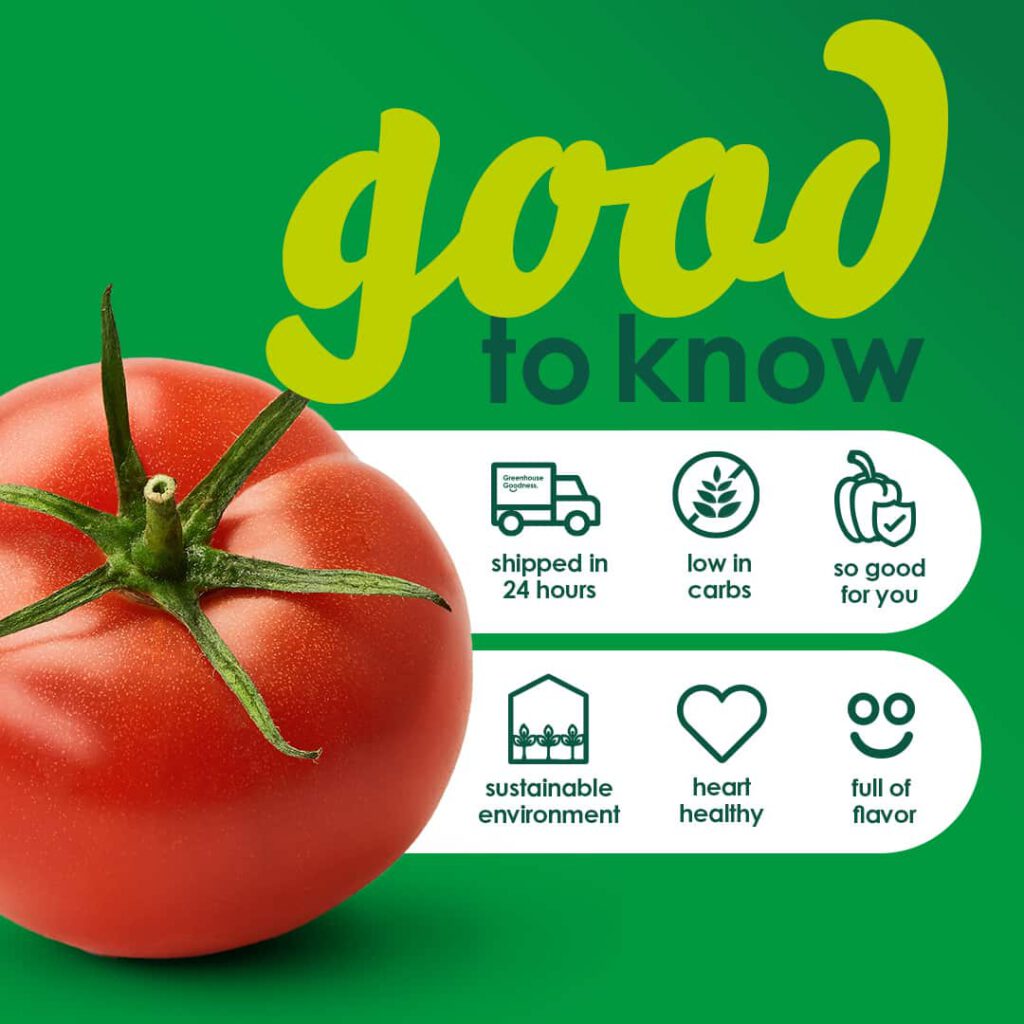 A ripe tomato is on the left against a green background. On the right, text says "good to know" with icons and phrases: shipped in 24 hours, low in carbs, so good for you, sustainable environment, heart healthy, full of flavor. GREENHOUSE Goodness