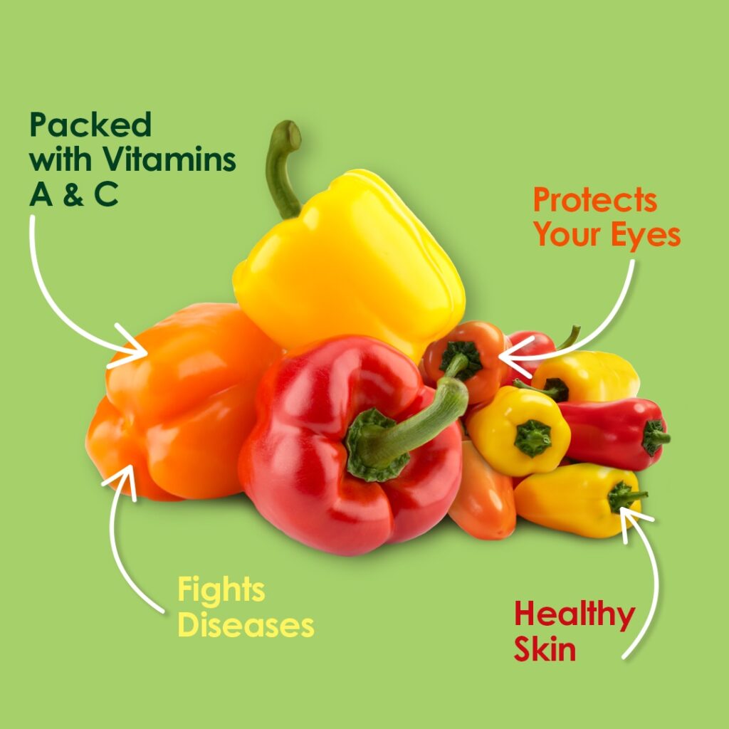 Assorted colorful peppers against a green background. Text highlights benefits: "Packed with Vitamins A & C," "Fights Diseases," "Protects Your Eyes," "Healthy Skin." Peppers in red, orange, yellow, and green shades. GREENHOUSE Goodness