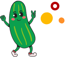 Happy green cucumber character with arms and legs, making peace signs with both hands. The cucumber has a smiling face with rosy cheeks. Three colorful circles (red, yellow, orange) are beside it on a plain background. GREENHOUSE Goodness