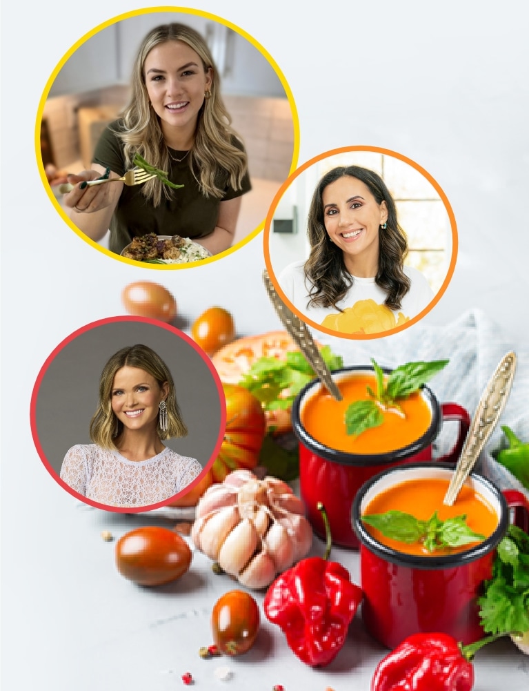 Three people are shown in circular frames: a person with a fork, a smiling person, and another smiling individual. Below them are two red mugs with soup, garnished with basil, surrounded by tomatoes, garlic, and peppers. GREENHOUSE Goodness
