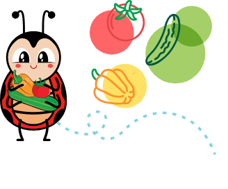 A cute cartoon ladybug holds vegetables, including a tomato and a cucumber. Surrounding it are illustrations of a tomato, cucumber, and bell pepper with colorful circles in the background and a dotted line trail. GREENHOUSE Goodness