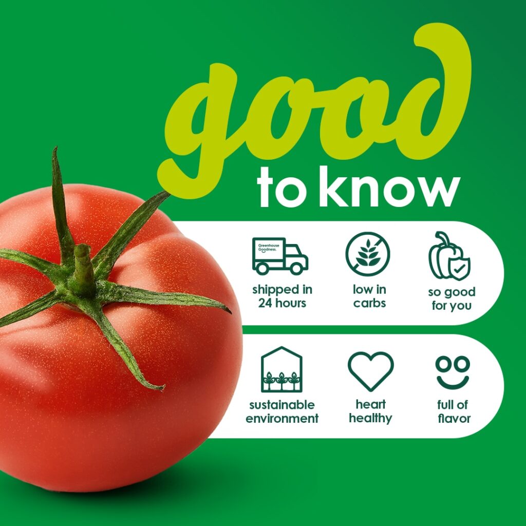 A ripe red tomato on a green background. Text reads "good to know" above icons indicating: shipped in 24 hours, low in carbs, healthy, grown sustainably, heart healthy, and flavorful. GREENHOUSE Goodness