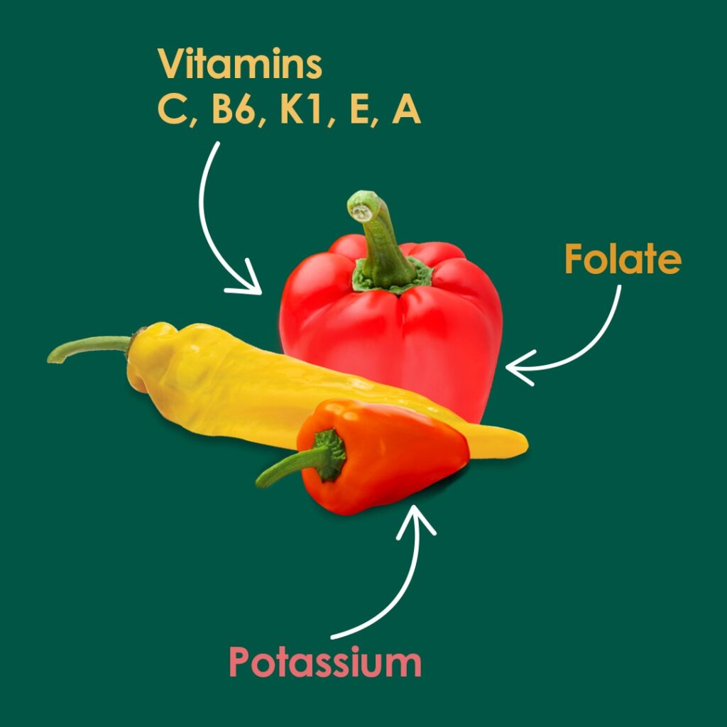 Three colorful peppers on a green background with labels. A red pepper labeled with "Vitamins C, B6, K1, E, A," a yellow pepper labeled "Folate," and an orange pepper labeled "Potassium." Arrows point to each pepper. GREENHOUSE Goodness