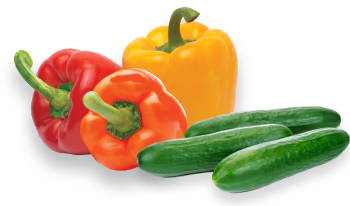 Three bell peppers in red, orange, and yellow are next to three cucumbers. The vegetables are arranged on a plain background, highlighting their fresh and colorful appearance. GREENHOUSE Goodness
