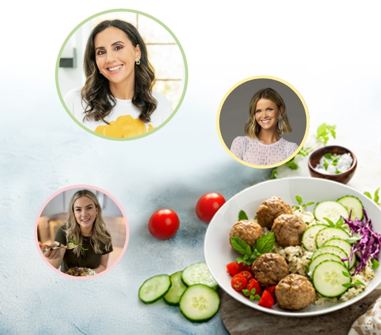 A bowl of meatballs, sliced cucumbers, tomatoes, and herbs on a white surface. Three circular insets above show smiling women, each framed differently. Mint leaves and sliced cucumbers surround the dish. GREENHOUSE Goodness