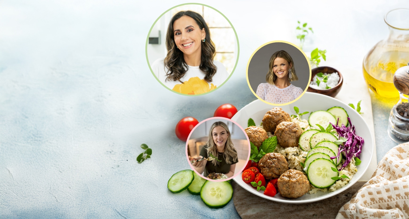 A bowl of meatballs on quinoa is garnished with cucumber slices, cherry tomatoes, and shredded cabbage, set against a light background. Three circular insets display smiling women, each with long hair, against various backdrops. GREENHOUSE Goodness