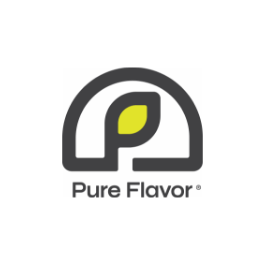 Pure Flavor logo featuring a stylized black "P" with a green leaf inside a semicircle, and "Pure Flavor" written below in bold black text on a crisp white background. GREENHOUSE Goodness