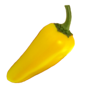 A single yellow chili pepper with a green stem on a plain white background. GREENHOUSE Goodness