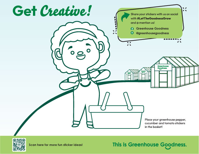 A smiling character in overalls stands with a basket on the ground, ready to collect stickers. Two greenhouses appear in the background. Text encourages creativity and sharing sticker creations on social media. GREENHOUSE Goodness